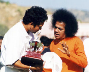 Shri Sathya Sai Baba with cricketer Sachin