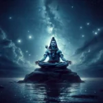 Lord Shiva meditating on rocky island beneath starry night sky image