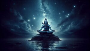 Lord Shiva meditating on rocky island beneath starry night sky image
