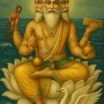 Lord Brahma seated on a white lotus with Hamsa holding sacred symbols