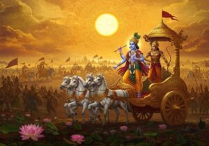 Four-armed Krishna standing on battle chariot picture.