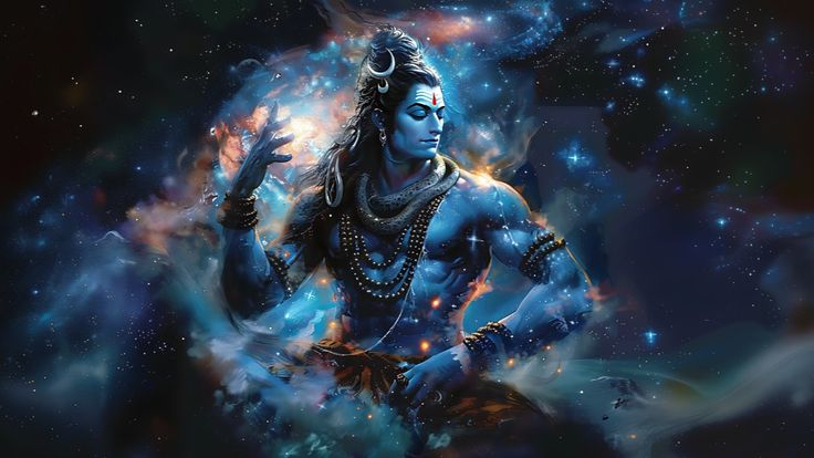Lord Shiva in cosmic form surrounded by glowing galaxies and celestial energy artwork