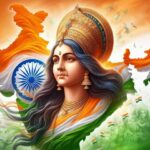 Bharat Mata portrayed with Indian tricolor, Ashoka Chakra, and map of India