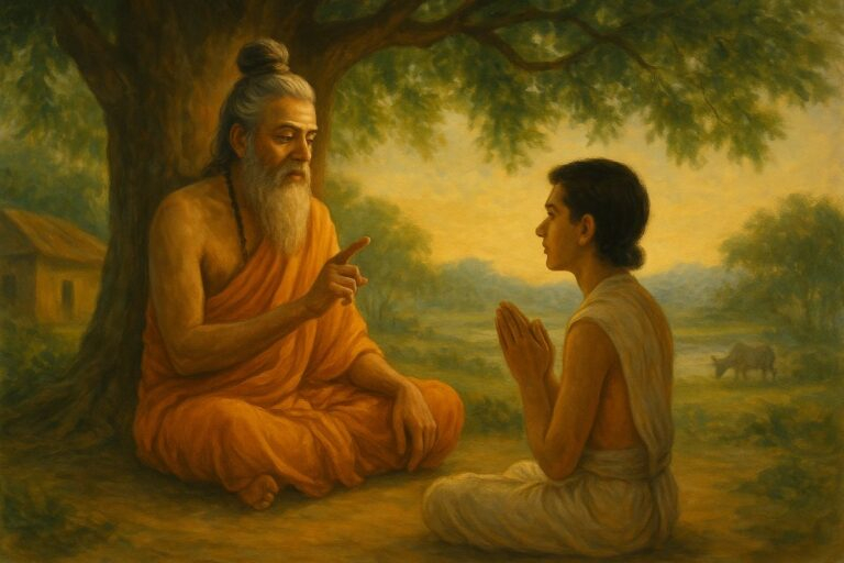 Guru guiding devoted disciple beneath sacred tree image