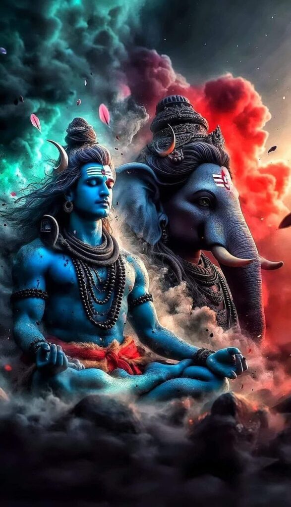 Lord Shiva meditating with Lord Ganesha behind in dramatic cosmic clouds. image