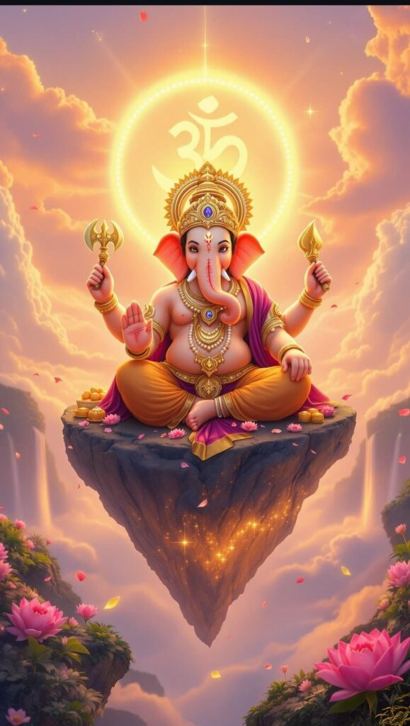Lord Ganesha beneath radiant Om halo, Famous Ganesh Temple