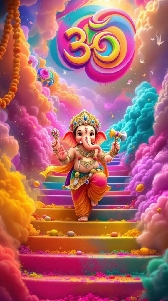 Colorful baby Ganesha walking on rainbow stairs with Om symbol above. image