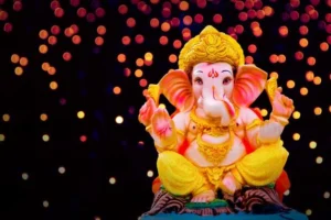 Lord Ganesha idol with festive glowing lights
