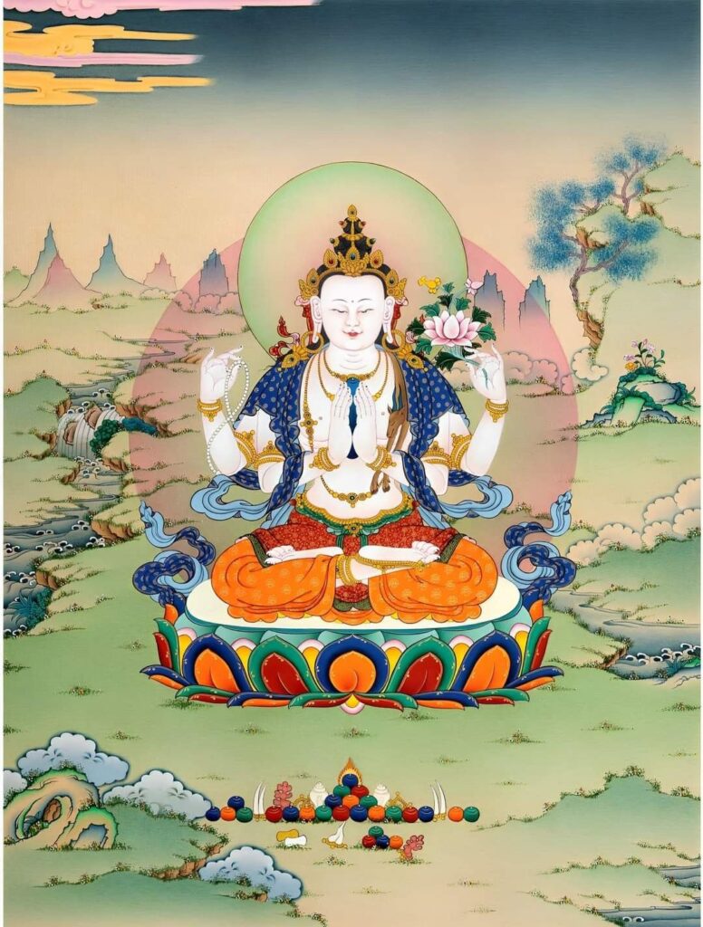 Bodhisattva seated on lotus with halo in peaceful landscape. image