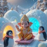 Baby Lord Ganesha in snowy winter village