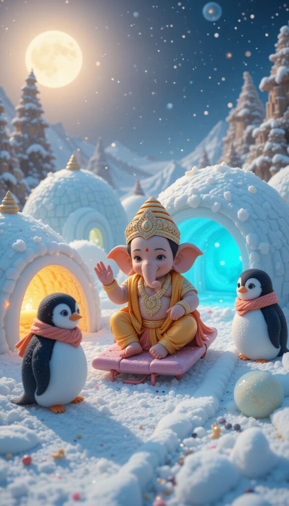 Cute baby Ganesha in snowy village with penguins and glowing igloos. image
