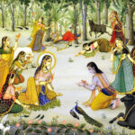 Lord Krishna with devotees in sacred forest