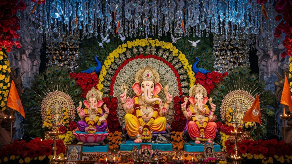 Decorated Ganesh Chaturthi pandal with multiple Ganesha idols and flowers. image