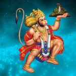 Lord Hanuman carrying mountain against blue background.
