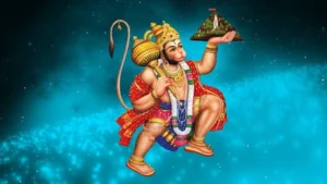 Lord Hanuman carrying mountain against blue background.