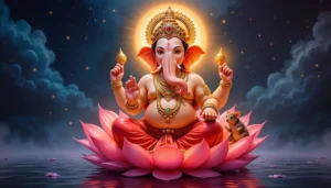 Lord Ganesha sitting on a pink lotus.