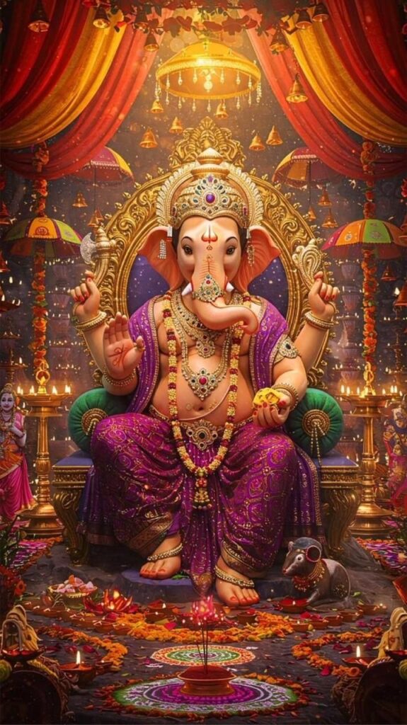 Lord Ganesha seated on ornate throne in festive decorated temple. image