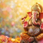 Golden Lord Ganesha idol among colorful leaves.