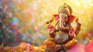 Golden Lord Ganesha idol among colorful leaves.