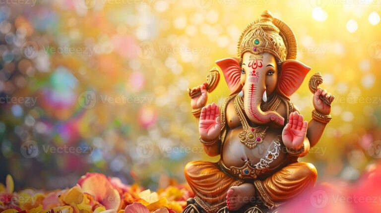 Golden Lord Ganesha idol among colorful leaves.