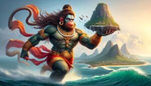 Lord Hanuman Carrying Sanjeevani Mountain Across Ocean