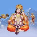 Lord Hanuman meditating with divine figures surrounding.