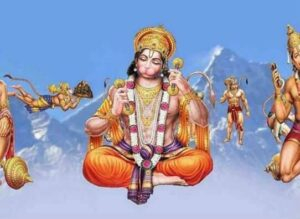 Lord Hanuman meditating with divine figures surrounding.