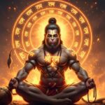 Lord Hanuman meditating with glowing Ram halo.