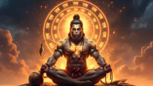 Lord Hanuman meditating with glowing Ram halo.