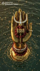 Golden hand holding Trishul and Om.