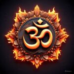 Glowing Om symbol with radiant lotus flames