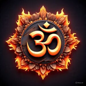 Glowing Om symbol with radiant lotus flames