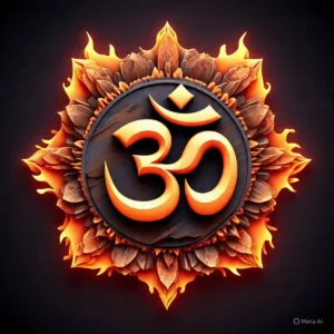 Glowing Om symbol with radiant lotus flames