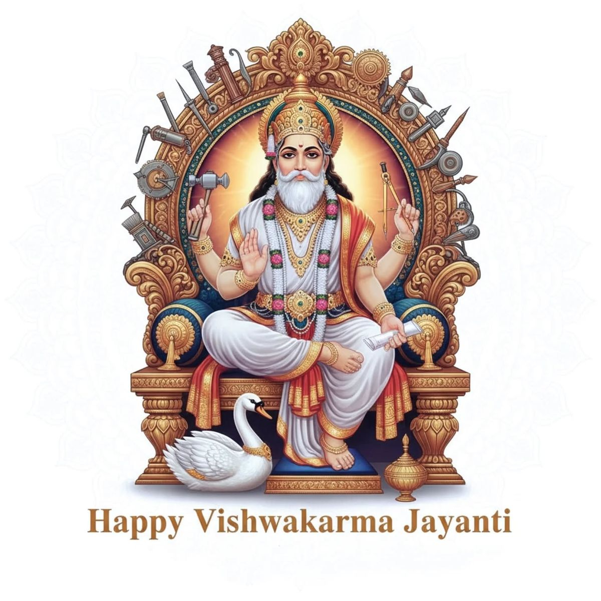 Lord Vishwakarma holding tools seated on throne