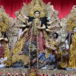 Durga Puja idols of Goddess Durga with Lakshmi, Saraswati, Ganesha, and Kartikeya