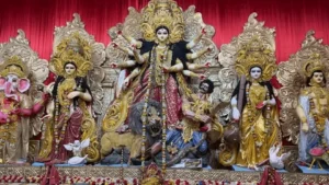 Durga Puja idols of Goddess Durga with Lakshmi, Saraswati, Ganesha, and Kartikeya