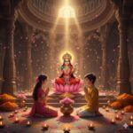 Goddess Mahalakshmi blessing praying children with lotus