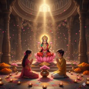 Goddess Mahalakshmi blessing praying children with lotus