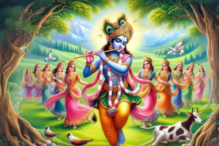 Lord Krishna playing flute with Gopis in Vrindavan