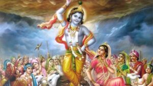 Lord Krishna lifting Govardhan Hill to protect devotees