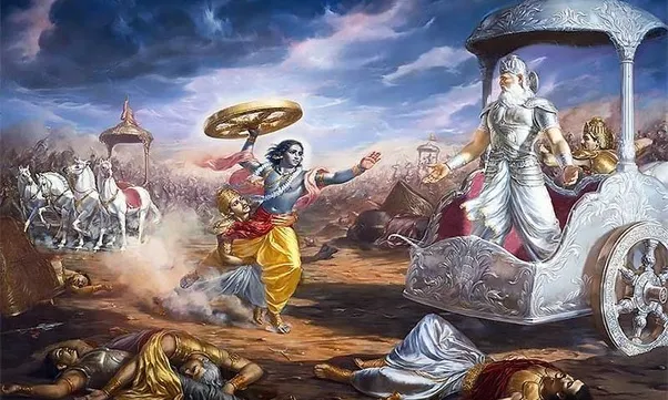 Krishna rushing with Sudarshan Chakra toward Bhishma on battlefield image