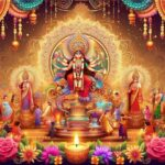 Divine Goddess Durga with devotees and lamps