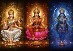 Tridevi goddesses Saraswati Lakshmi Kali divine forms