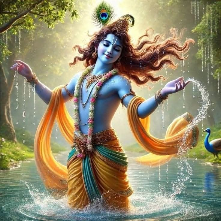 Lord Krishna gracefully dancing within sacred river waters