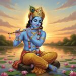 Lord Krishna playing flute beside peaceful river
