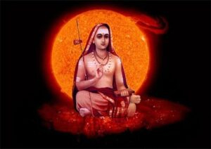 Adi Shankaracharya meditating before radiant glowing sun