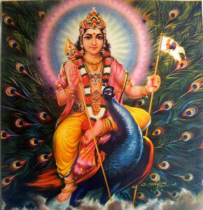Lord Skanda seated on a peacock holding the Vel and blessing devotees