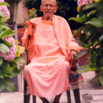 Elderly Hindu monk seated peacefully in a garden