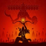 Lord Rama aiming arrow at Ravana silhouette