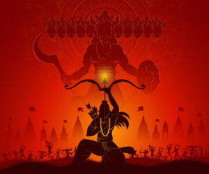 Lord Rama aiming arrow at Ravana silhouette